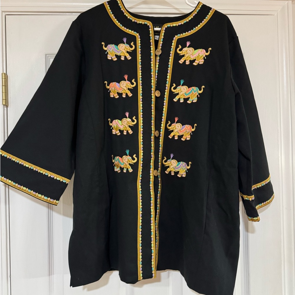 Vintage Bob Mackie Wearable Art Tunic Jacket w/ Embroidered Elephants Boho Indie - Picture 2 of 13